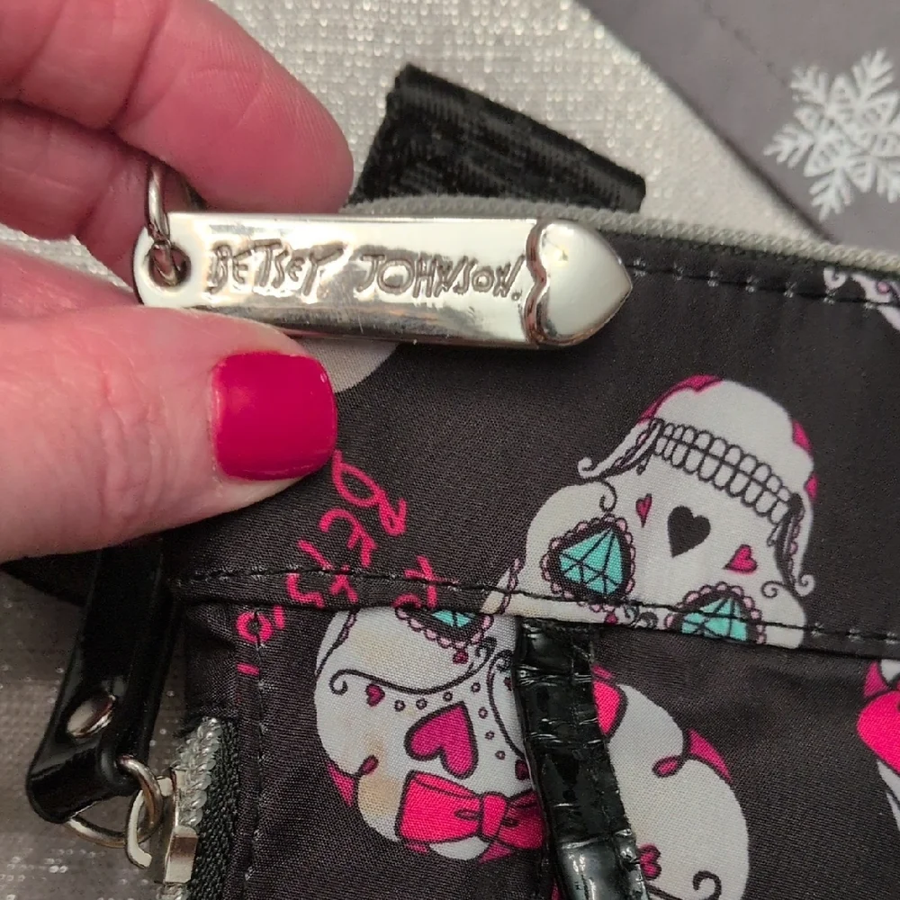 Betsey Johnson Black and Pink Sugar Skull Crossbody Bag